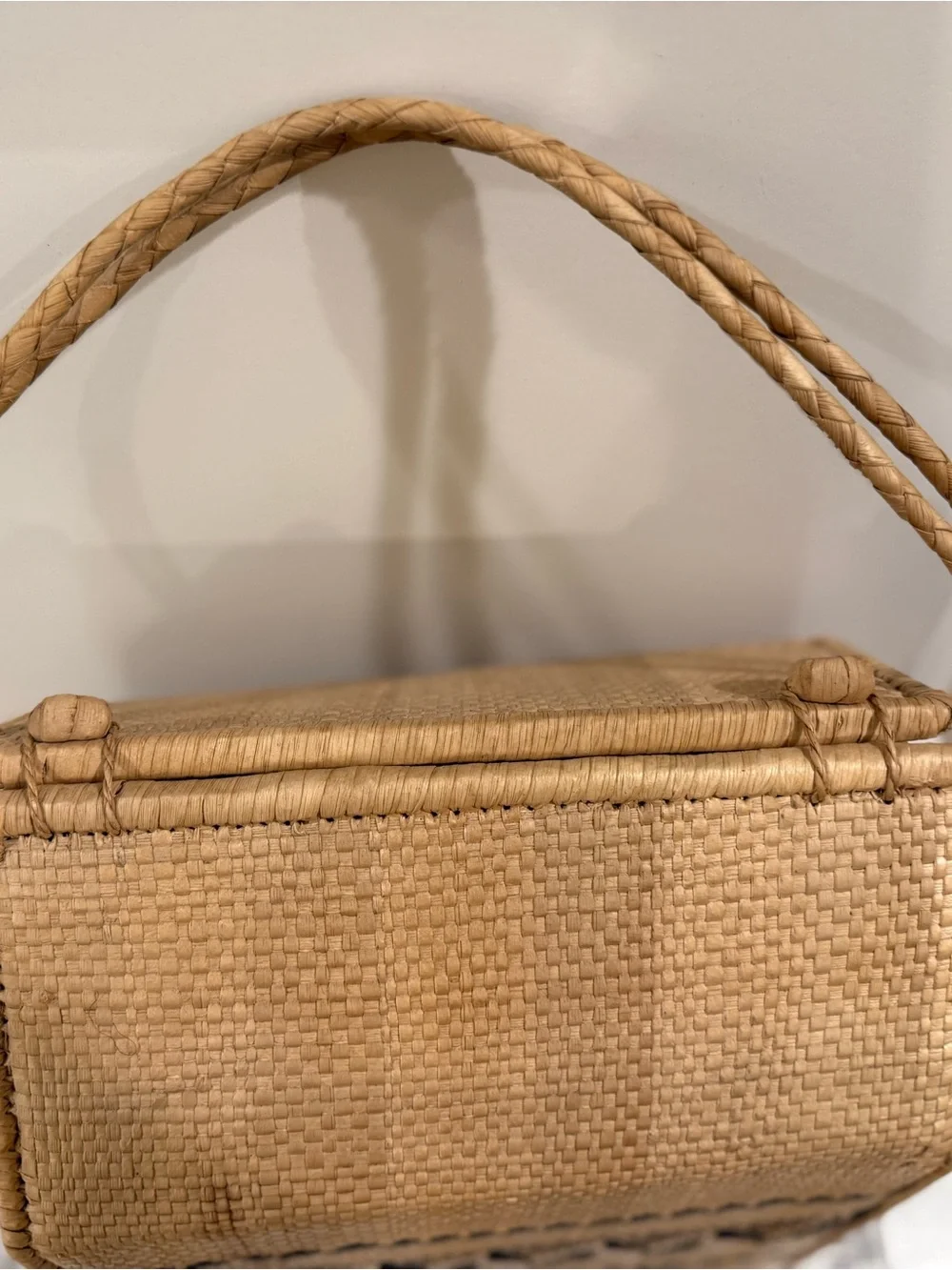 Square Woven Straw Top-Handle Basket Bag in Natural and Black ~ 13“ H x 7“ W